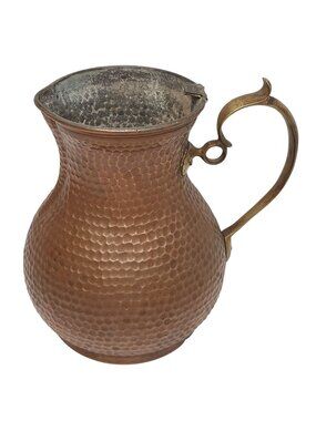 Antique Hand Hammered Copper Chocolate Pot Pitcher Brass Handle 9" Tall